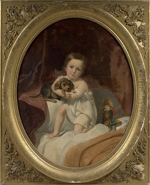 Enfant Serrant Un Chien Dans Ses Bras Oil Painting by Guillaume Etienne Andre Brossard