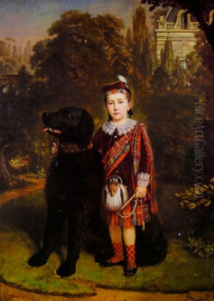 Portrait Of A Young Boy In Scottish Dress With Dog Oil Painting by Guillaume Etienne Andre Brossard