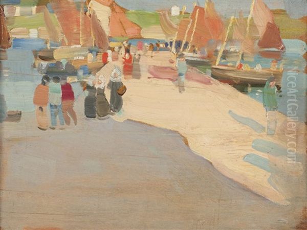 A Busy Quay In Brittany Oil Painting by Robert Brough