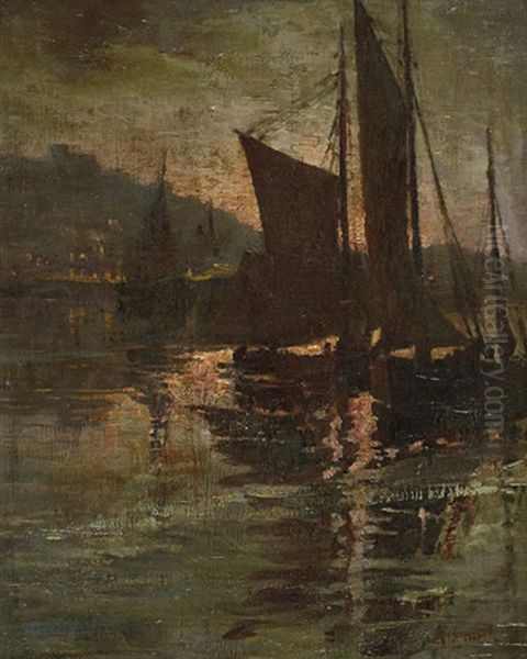 Harbor By Moonlight Oil Painting by Robert Brough