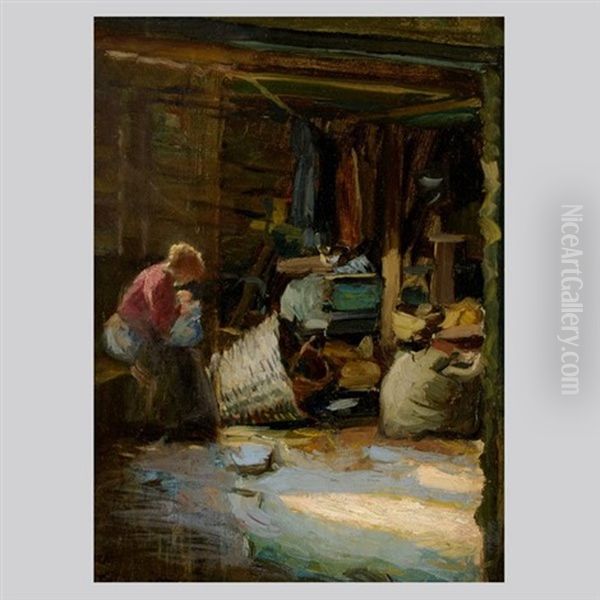 Woman And Child In The Studio Oil Painting by Adolf M. Brougier