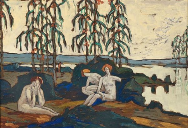 Trois Baigneuses Dans Un Paysage Lacustre, Circa 1920 Oil Painting by Eugene Brouillard