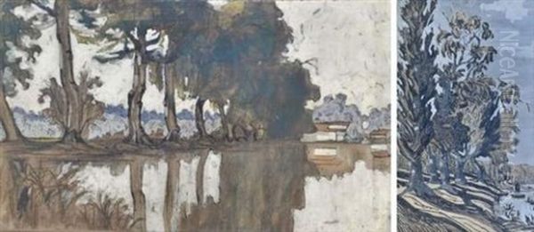 Reflets Sur Un Etang De La Dombes (+ Les Grands Arbres; Verso) Oil Painting by Eugene Brouillard