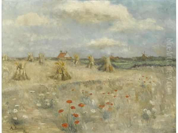 Haystacks In A Field On A Summer's Day Oil Painting by Pierre-Andre Brouillet