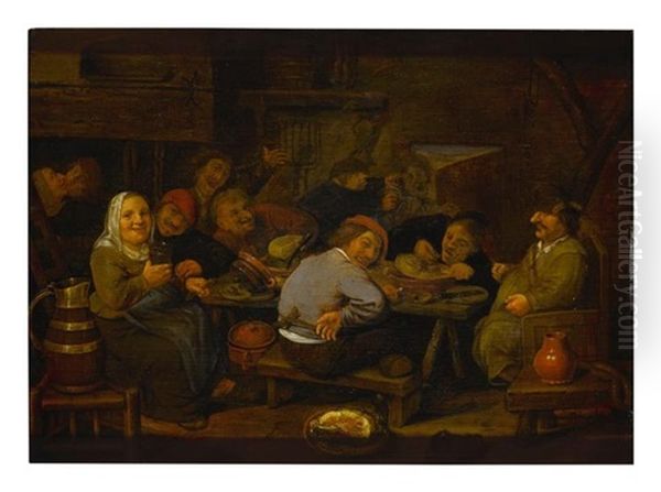 A Tavern Interior With Figures Around A Table Oil Painting by Adriaen Brouwer