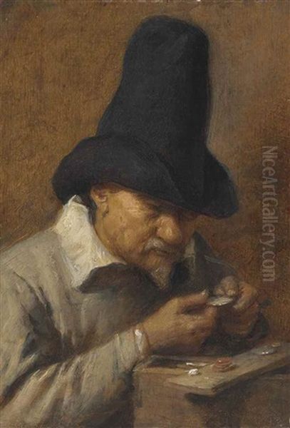 Avarice: An Old Man Counting Money Oil Painting by Adriaen Brouwer