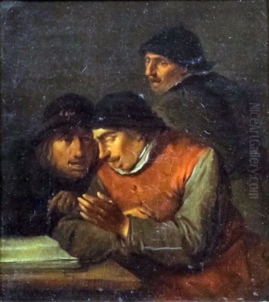 Three Peasants With A Book Discussing Its Meaning Oil Painting by Adriaen Brouwer