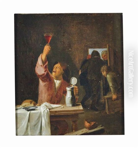 Tavern Scene With A Seated Man Holding A Glass Of Wine Oil Painting by Adriaen Brouwer