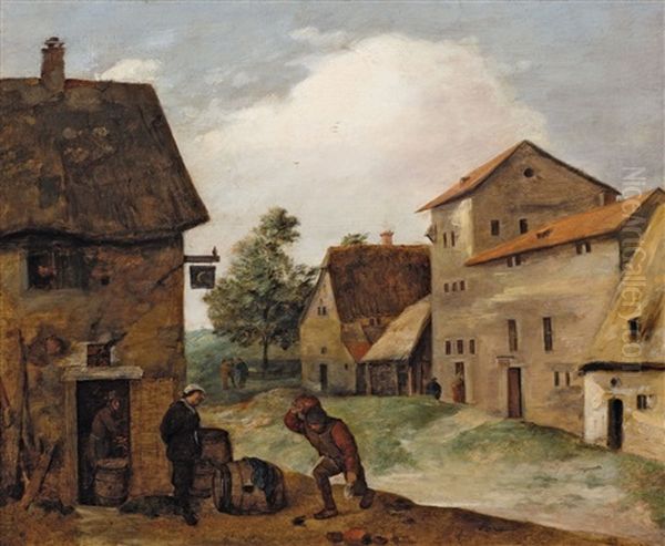 Two Peasants Before A Tavern Oil Painting by Adriaen Brouwer