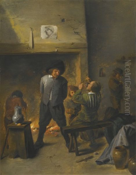 Tavern Scene With Smokers And Drinkers By An Open Fire Oil Painting by Adriaen Brouwer