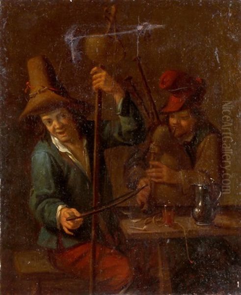 Interieur Mit Bassgeigenspieler Und Flote Spielendem Mann Oil Painting by Adriaen Brouwer