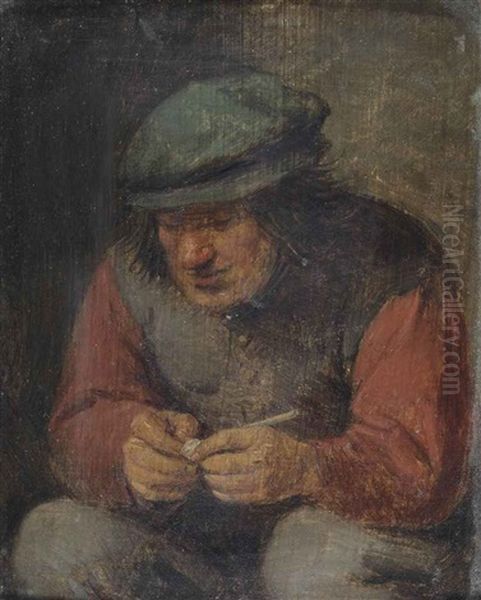 A Peasant Holding A Pipe Oil Painting by Adriaen Brouwer