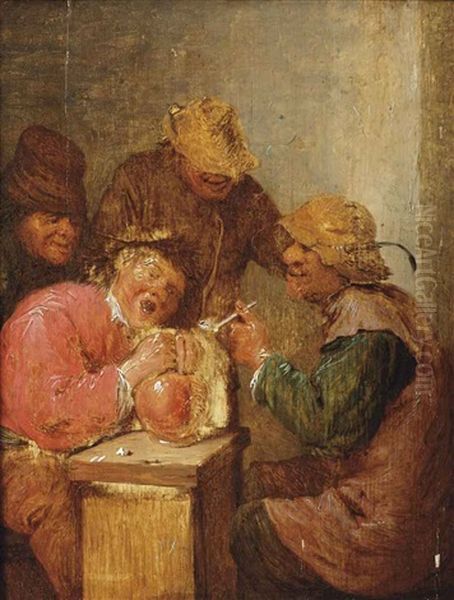 Four Peasants Drinking And Smoking In An Interior Oil Painting by Adriaen Brouwer