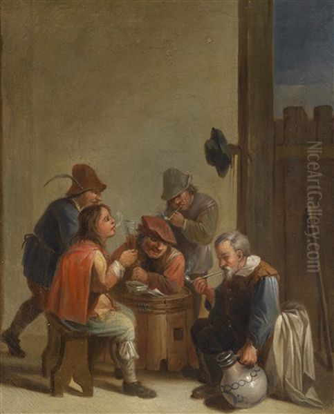 Wirtshausinterieur Mit Funf Rauchenden Und Trinkenden Mannern Oil Painting by Adriaen Brouwer