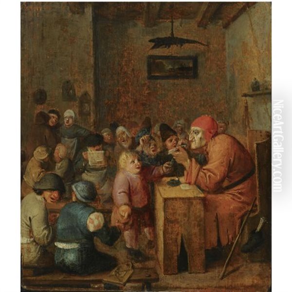 A Schoolroom Interior With Children Gathered Around A Schoolmaster Oil Painting by Adriaen Brouwer