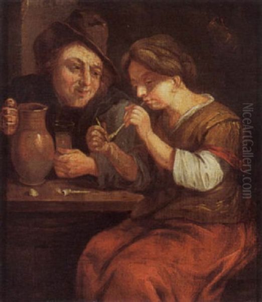 Peasants Smoking And Drinking In An Interior Oil Painting by Adriaen Brouwer