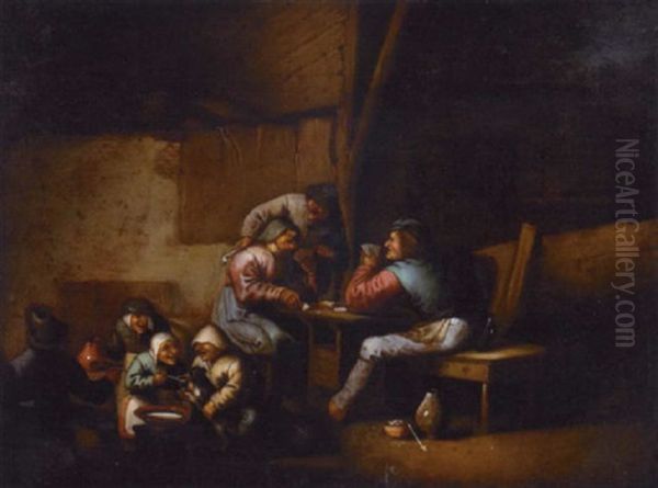 Peasants Playing Cards In An Interior Oil Painting by Adriaen Brouwer