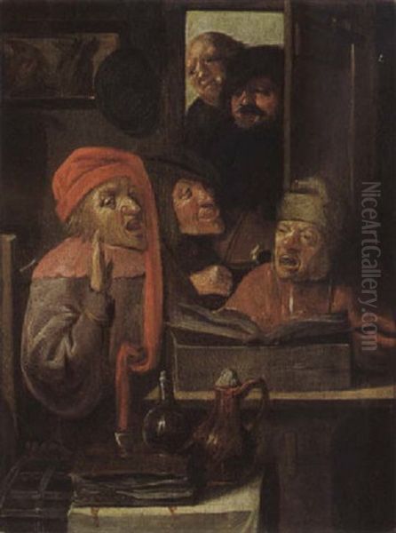 Three Men In An Interior Singing And Playing The Violin, With Two Others Watching Through A Doorway Oil Painting by Adriaen Brouwer