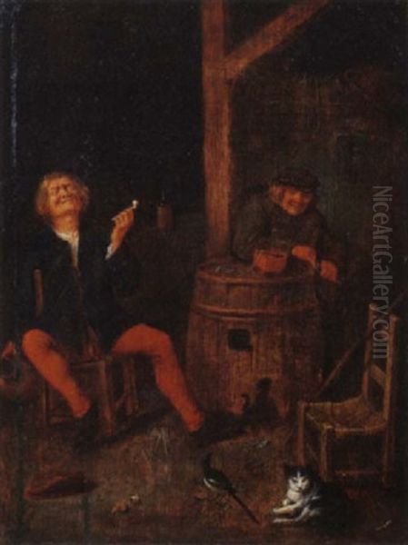 Boors Smoking In A Barn Oil Painting by Adriaen Brouwer