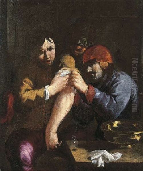 The Sense Of Touch: A Surgeon Attending To A Man's Arm Oil Painting by Adriaen Brouwer