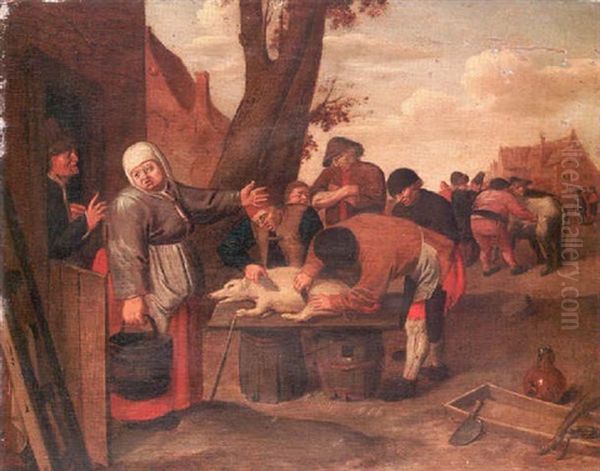 A Village Street Scene With Peasants Flaying A Pig Oil Painting by Adriaen Brouwer