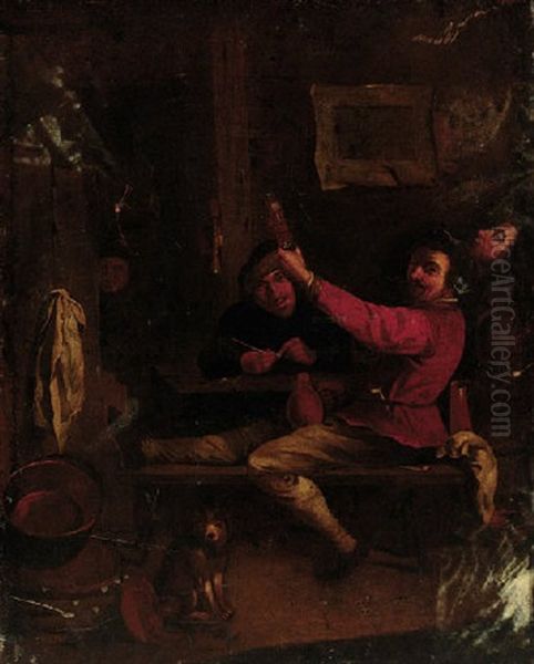 Boors In A Tavern Interior Oil Painting by Adriaen Brouwer