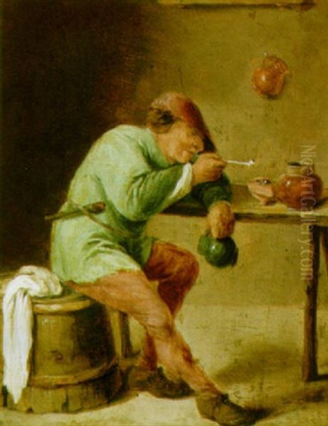 A Man Drinking And Smoking At A Table Oil Painting by Adriaen Brouwer