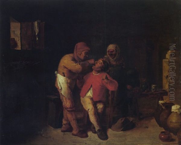 A Dentist At Work In An Interior Oil Painting by Adriaen Brouwer