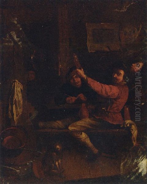 Boors In A Tavern Interior Oil Painting by Adriaen Brouwer