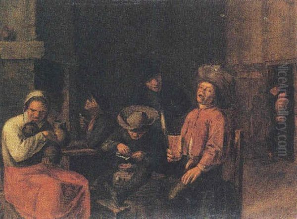 A Tavern Interior With Peasants Drinking And Smoking Oil Painting by Adriaen Brouwer