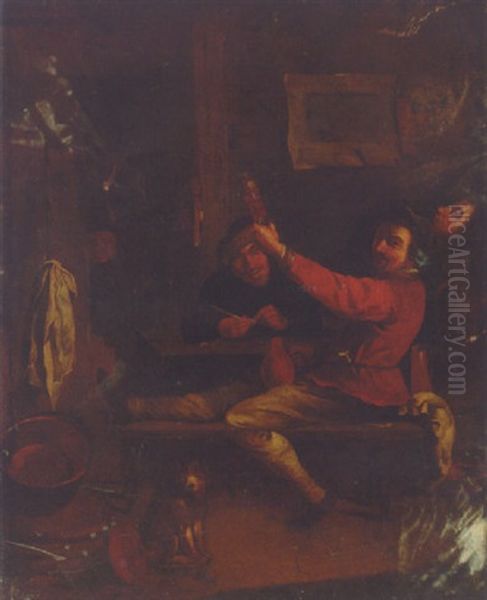 Boors In A Tavern Interior Oil Painting by Adriaen Brouwer