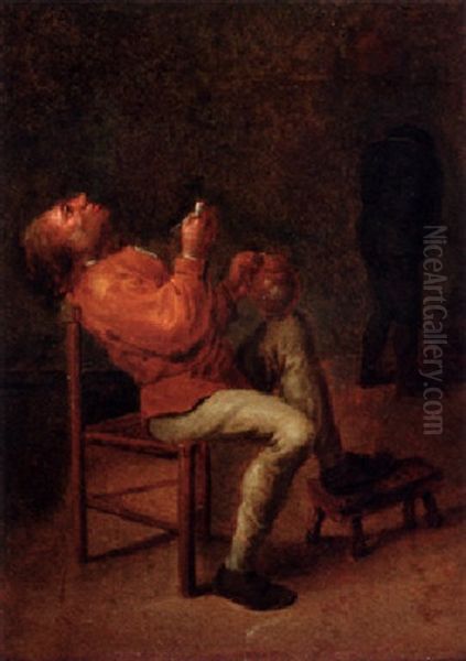 A Peasant Smoking A Pipe In An Interior Oil Painting by Adriaen Brouwer