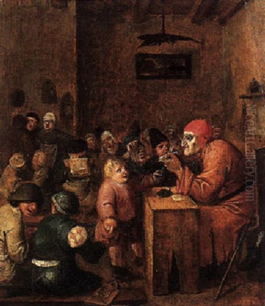 A Schoolroom Interior With Children Gathered Around An Old Schoolmaster by Adriaen Brouwer