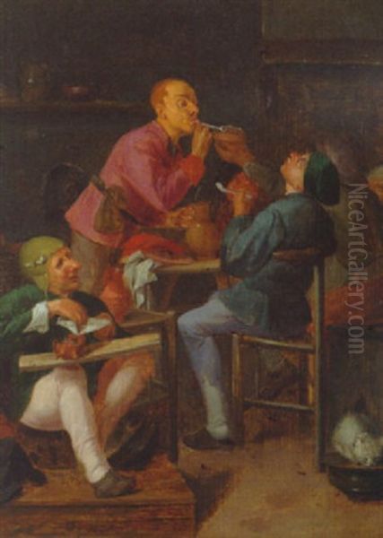 Peasants Smoking In An Interior Oil Painting by Adriaen Brouwer