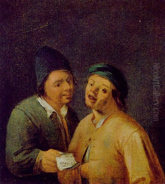 Zwei Bauern Besprechen Einen Brief Oil Painting by Adriaen Brouwer