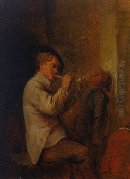 Boors Smoking And Drinking In An Interior Oil Painting by Adriaen Brouwer