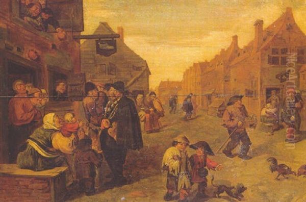 Boors Listening To A Liereman, Outside A Shoemaler's Workshop, In A Village Street Oil Painting by Adriaen Brouwer