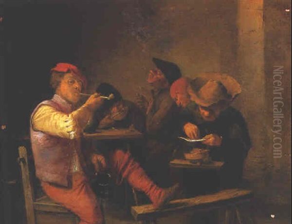 Boors Smoking In A Tavern Oil Painting by Adriaen Brouwer