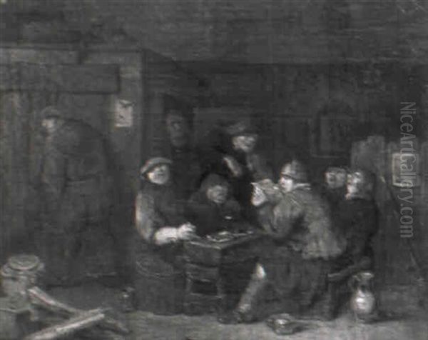 Bauern In Der Schenke, Denen Ein Geiger Aufspielt Oil Painting by Adriaen Brouwer