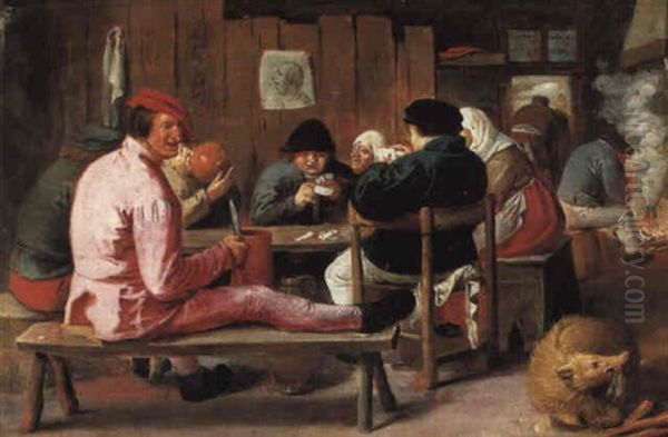 Boors Smoking And Drinking At A Table In A Tavern Oil Painting by Adriaen Brouwer