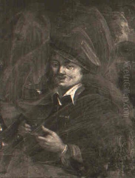 A Man Sitting Next To A Window Holding A Roemer Oil Painting by Adriaen Brouwer