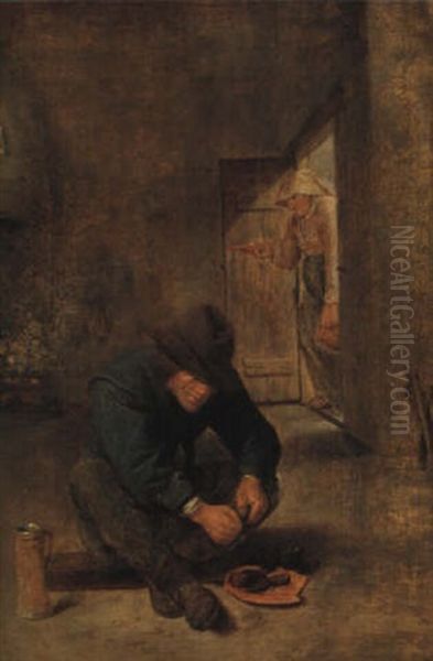 A Peasant Eating Mussels In An Interior Oil Painting by Adriaen Brouwer