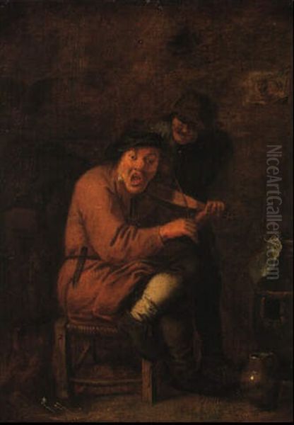 The Sense Of Hearing: A Boor Singing To The Sound Of A Violin Oil Painting by Adriaen Brouwer