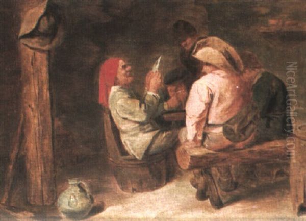 A Group Of Peasants In An Interior Oil Painting by Adriaen Brouwer