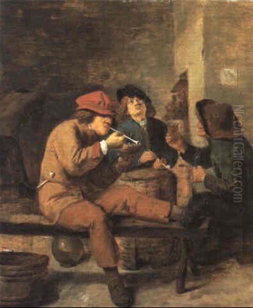 Peasants Smoking And Drinking In A Tavern Oil Painting by Adriaen Brouwer