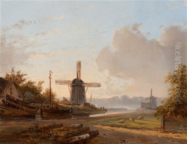 Dutch River View With Mills And Shipyard Oil Painting by Petrus Marius Brouwer