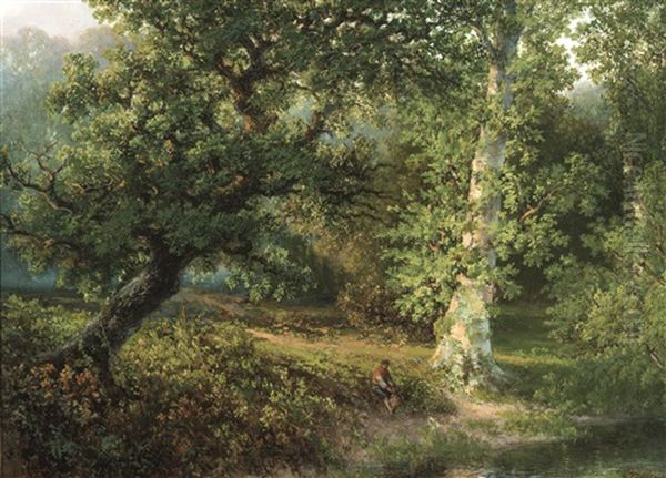 Near The River In A Forest (1870) Oil Painting by Petrus Marius Brouwer