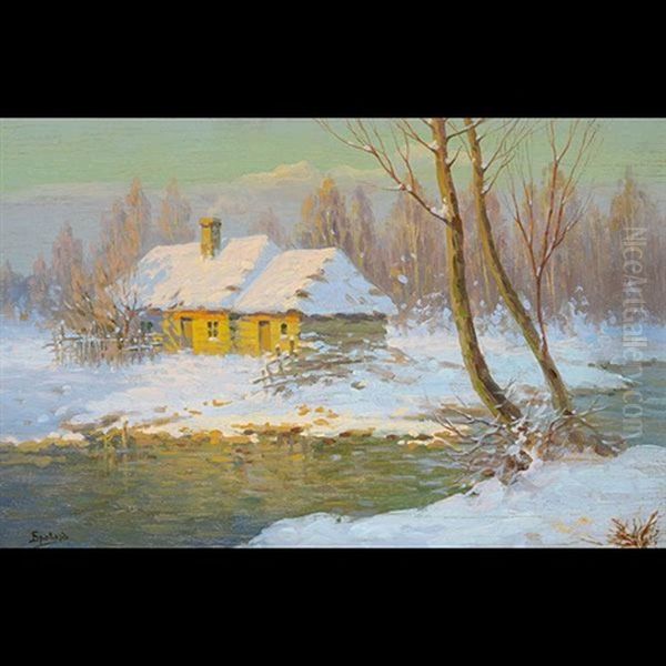 Landscape In Snow Oil Painting by Jakov Ivanovich Brovar