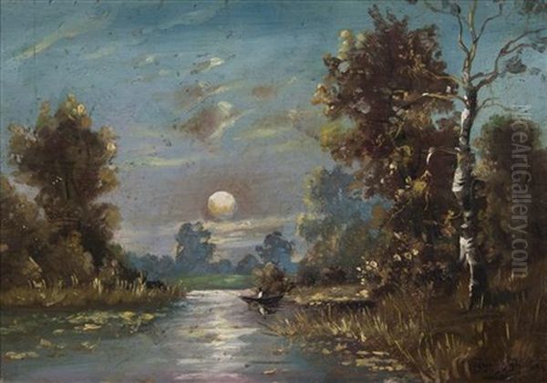 Moonlit Landscape Oil Painting by Jakov Ivanovich Brovar