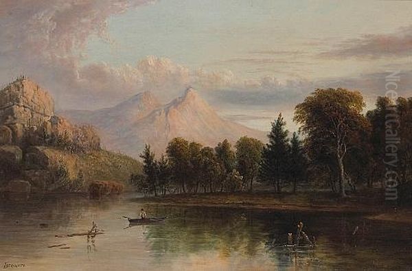 A Lone Figure In A Rowboat With Mountains Beyond Oil Painting by Albertus Del Orient Browere